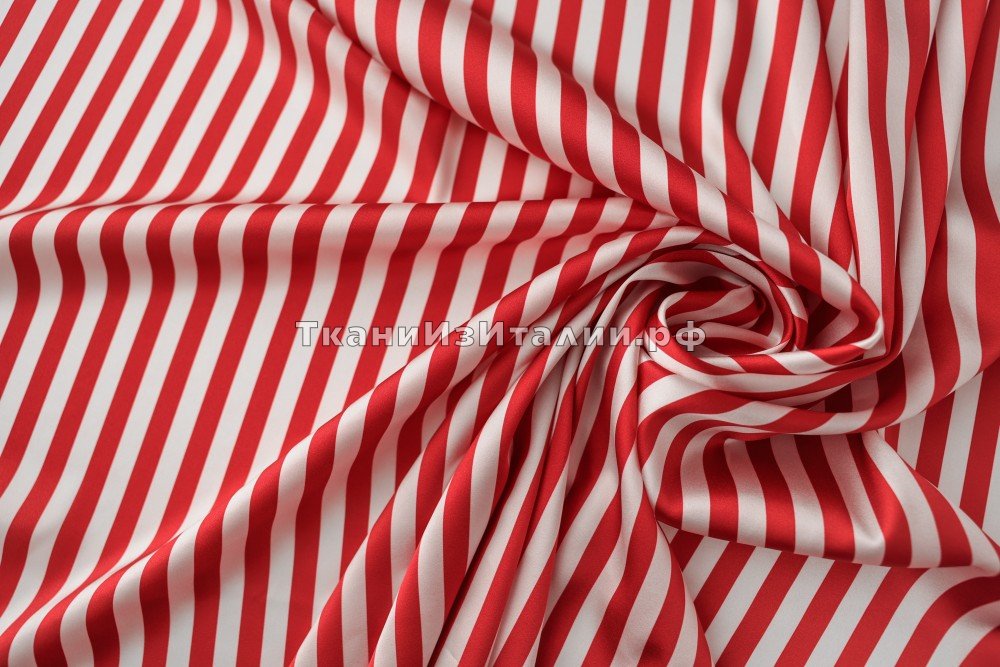 ткань атлас с эластаном в красно-белую полоску, атлас шелк в полоску красная Италия