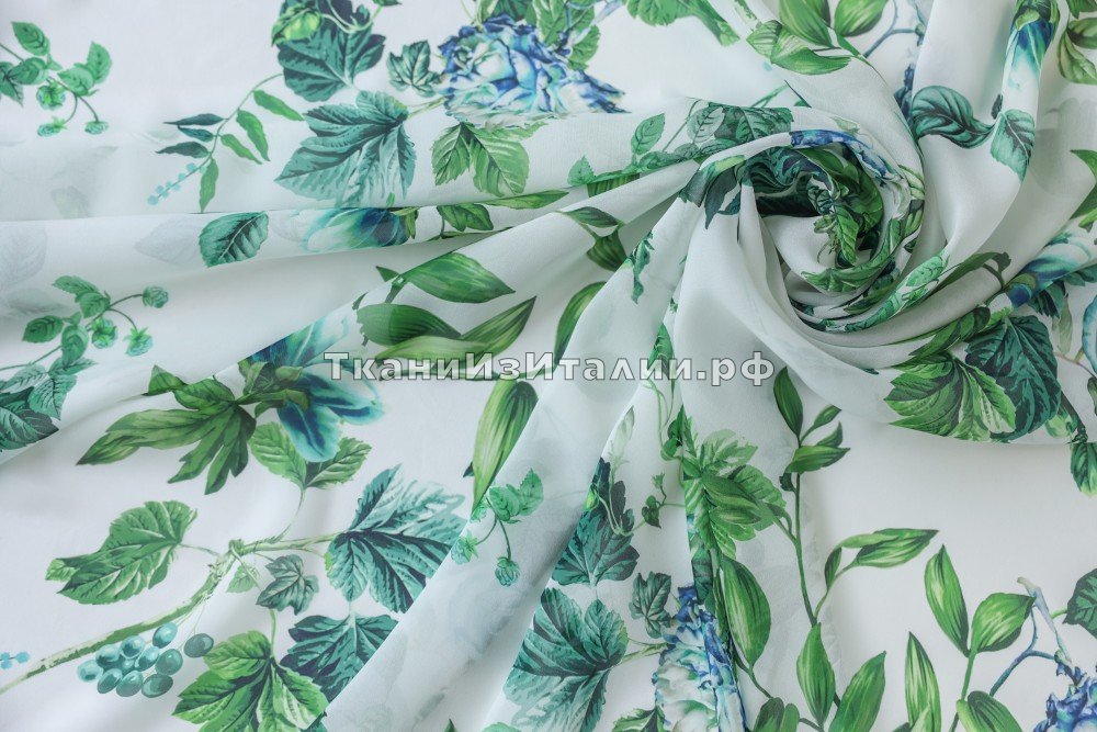 ткань шифон с сине-зелеными розами, шифон шелк цветы белая Италия