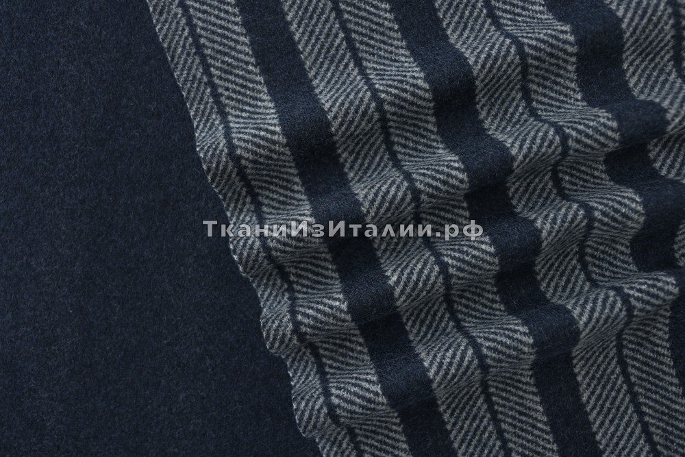 ткань двусторонний двухслойный кашемир синий с серым в елочку, пальтовые кашемир в полоску синяя Италия
