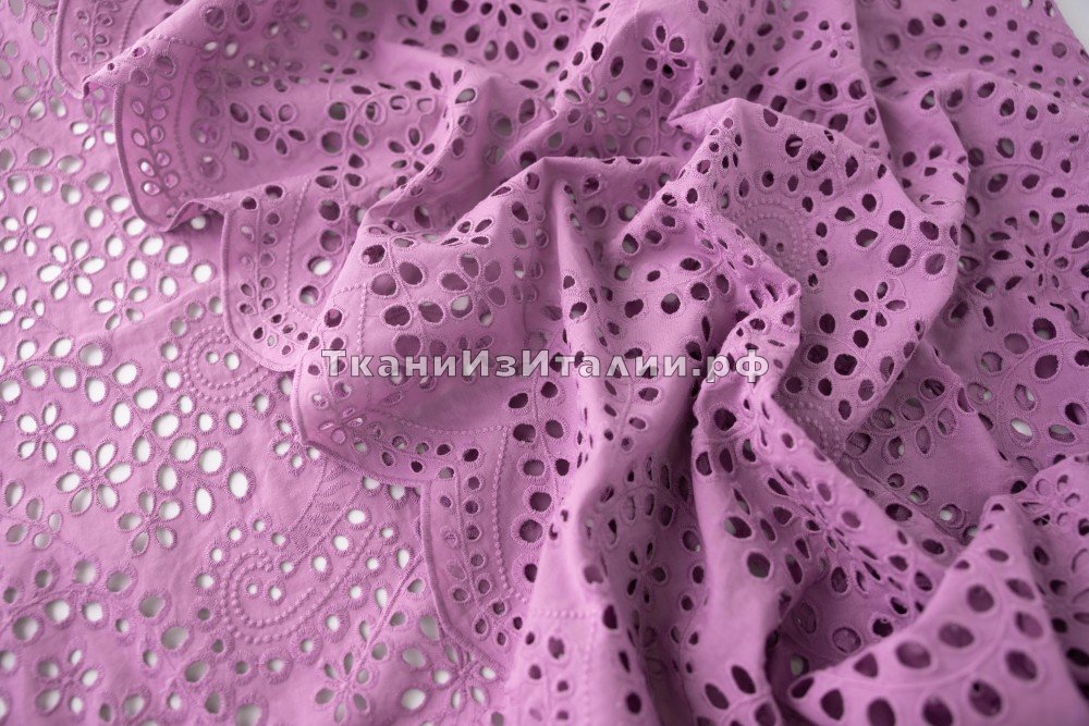 ткань шитье розово-сиреневого цвета, шитье хлопок цветы розовая Италия