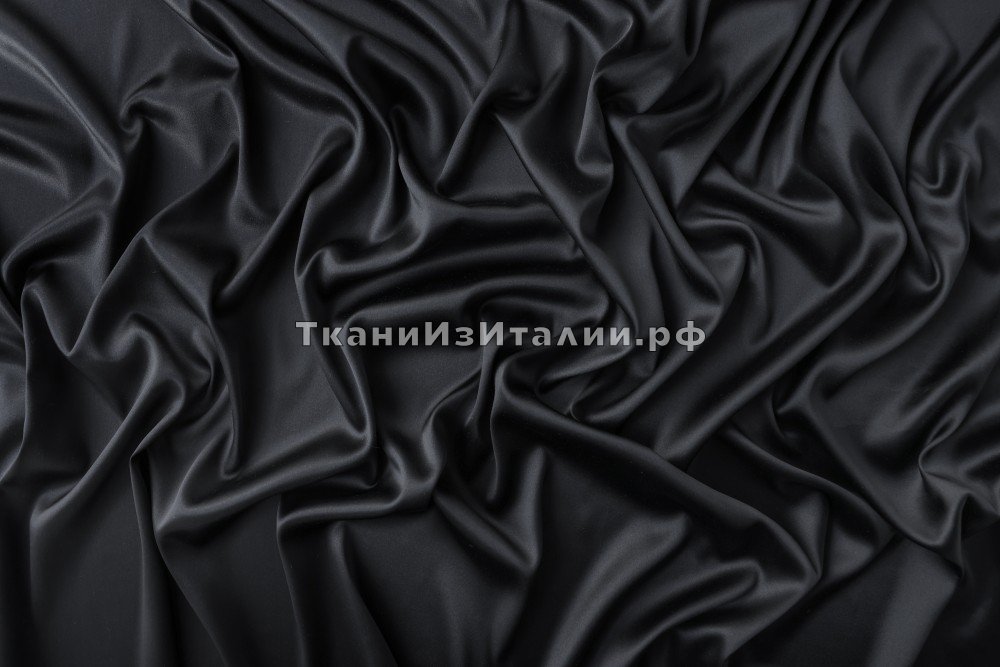ткань черный атлас из шелка с эластаном, атлас шелк однотонная черная Италия