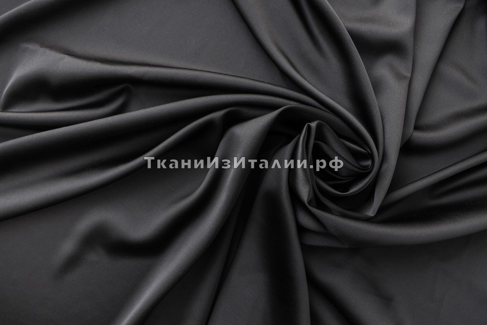 ткань атлас с эластаном черного цвета, атлас шелк однотонная черная Италия