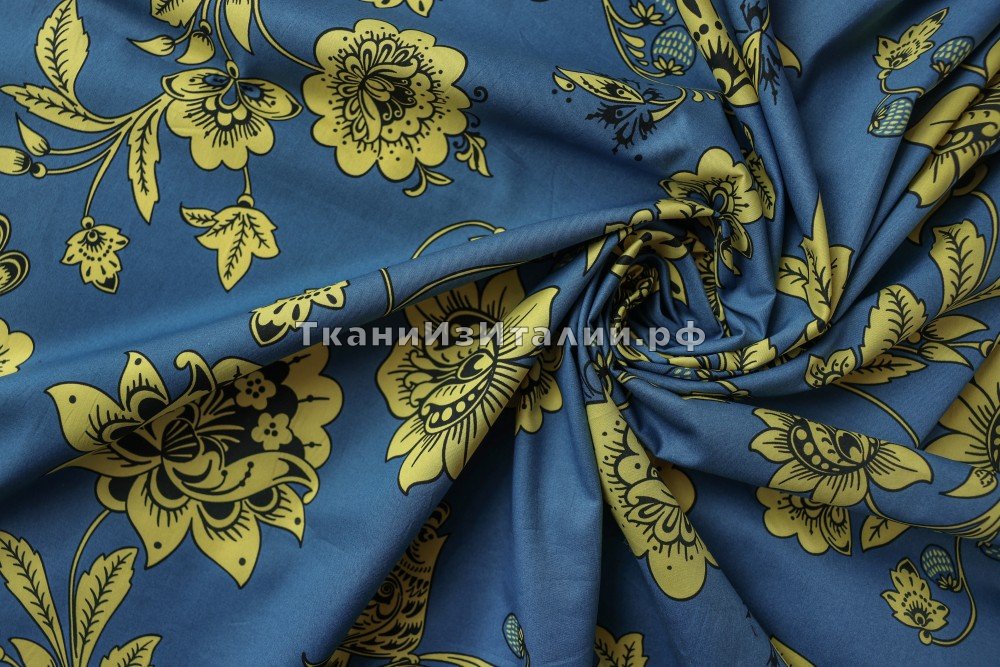 ткань хлопок синего цвета с хохломой, костюмно-плательная хлопок цветы синяя Италия
