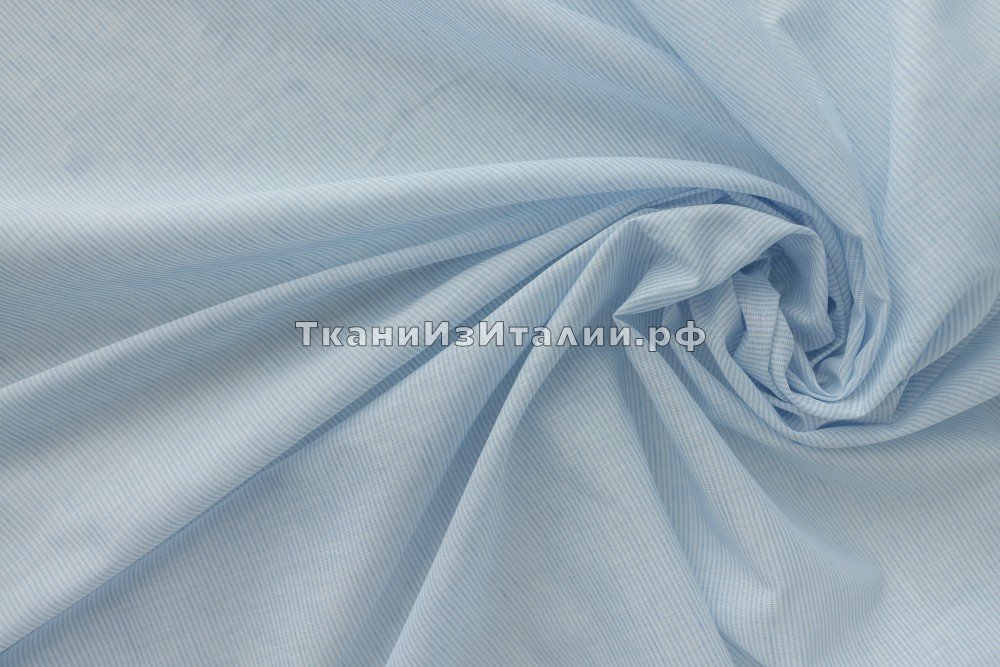 ткань белый лен в узкую светло-голубую полоску, сорочечная лен в полоску белая Италия