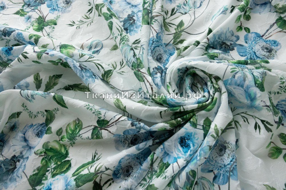 ткань филькупе с синими цветами на белом фоне, филькупе хлопок цветы белая Италия