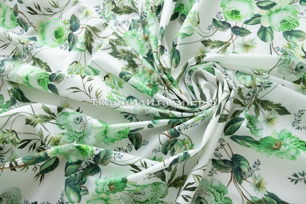 ткань хлопковый поплин с зелеными цветами на белом фоне, поплин хлопок цветы белая Италия
