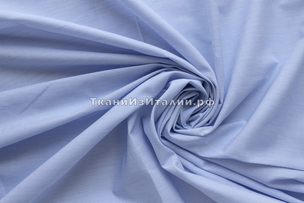 ткань хлопок белого цвета в узкую синюю полоску, сорочечная хлопок в полоску белая Италия