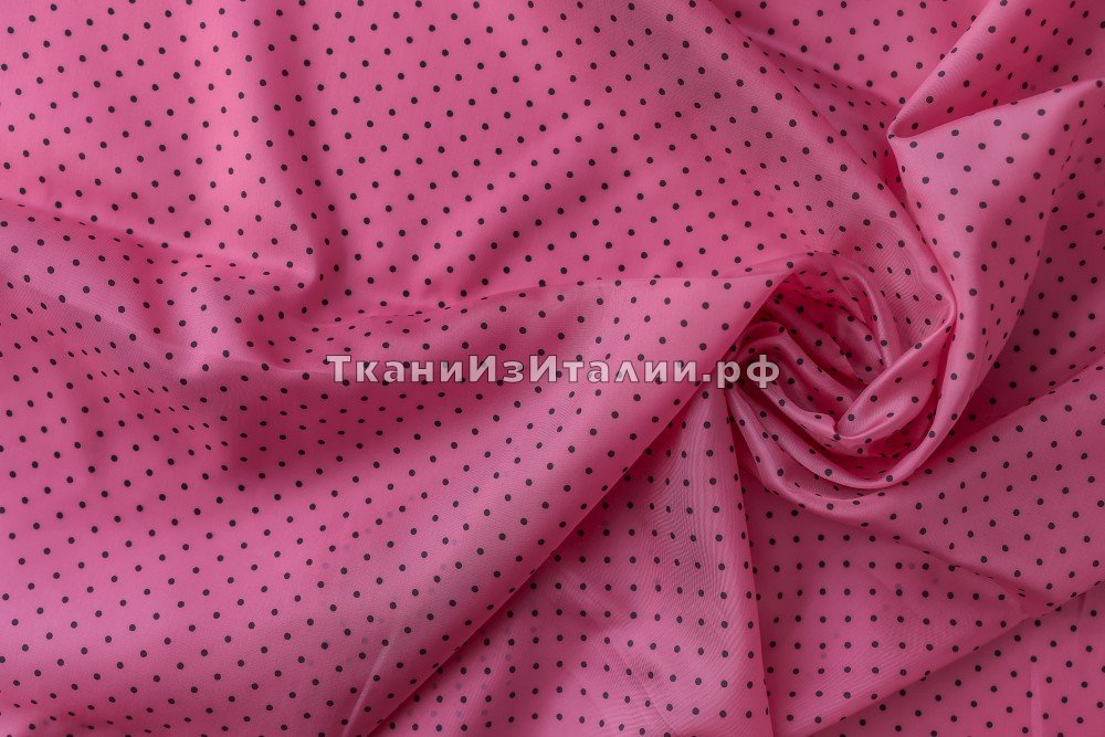 ткань подклад из вискозы розовый в черный горошек, подклад вискоза в горошек розовая Италия