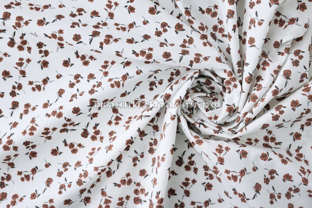 ткань белый хлопок в коричневые цветочки, костюмно-плательная хлопок цветы белая Италия