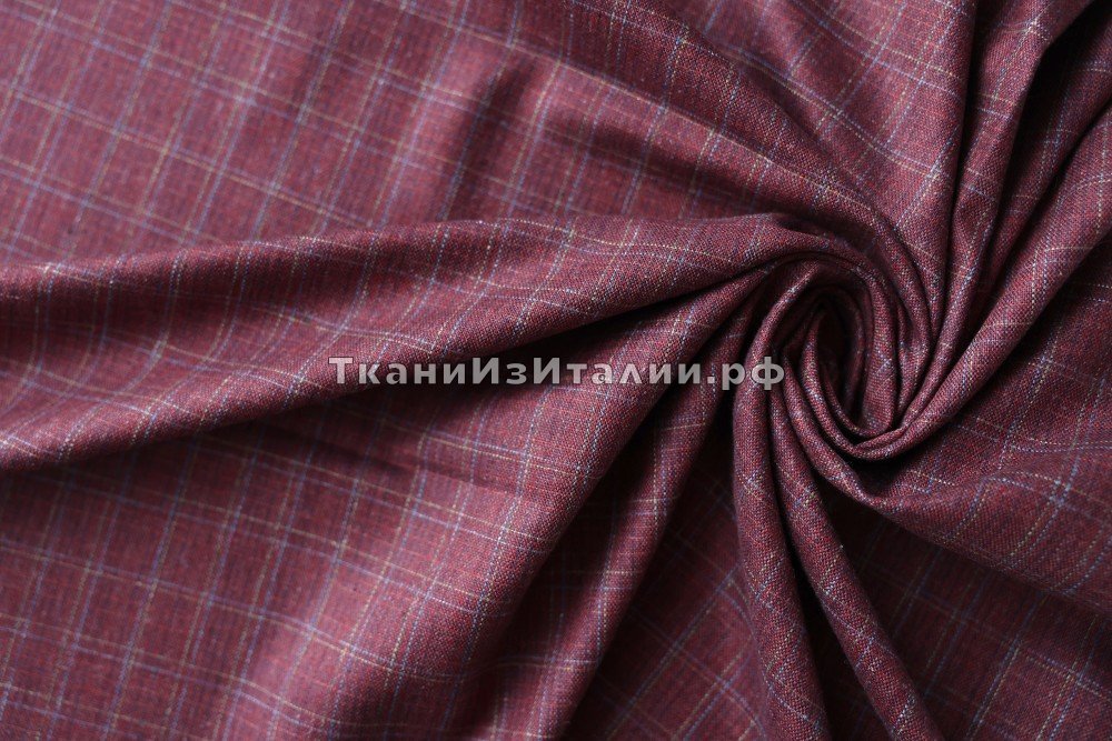 ткань бордовый шелк в разноцветную клетку, костюмно-плательная шелк в клетку бордовая Италия