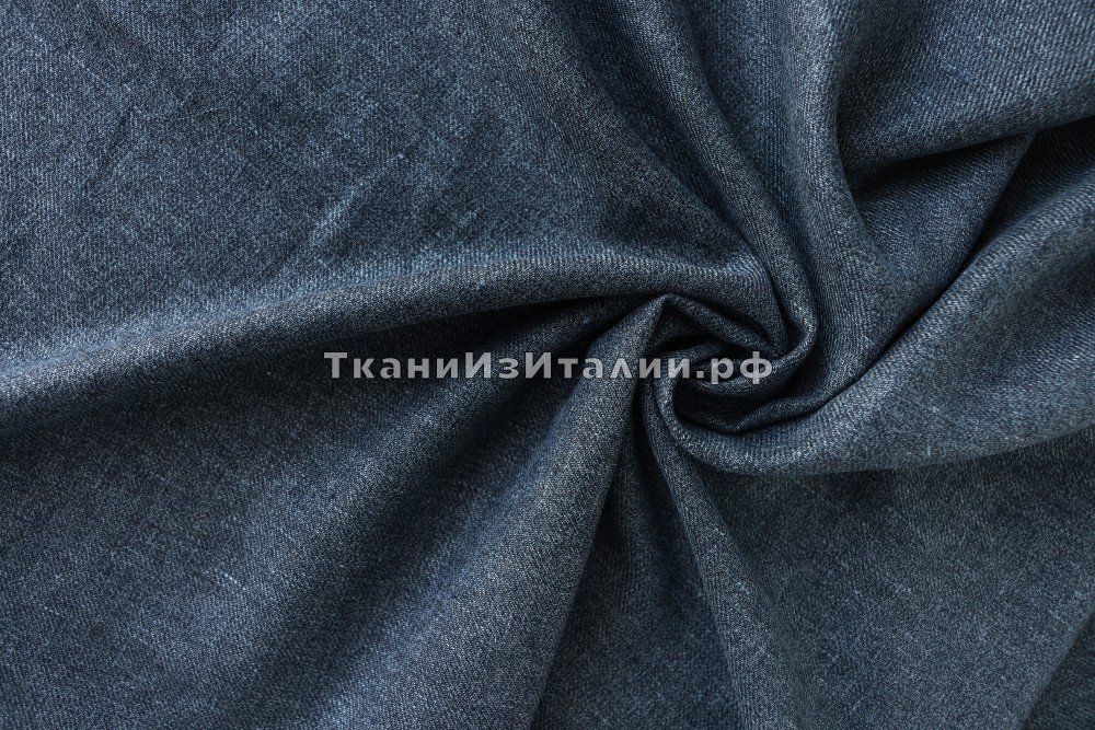 ткань синяя шерсть с шелком и льном с джинсовым переплетением , костюмно-плательная шерсть однотонная синяя Италия