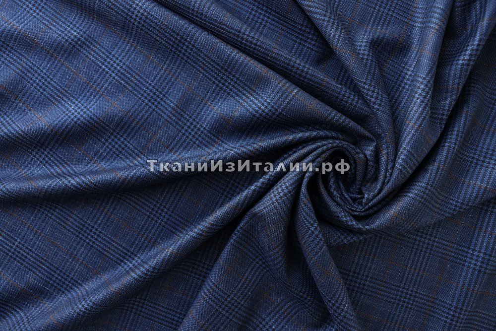 ткань синяя шерсть с шелком и льном в клетку, костюмно-плательная шерсть в клетку синяя Италия
