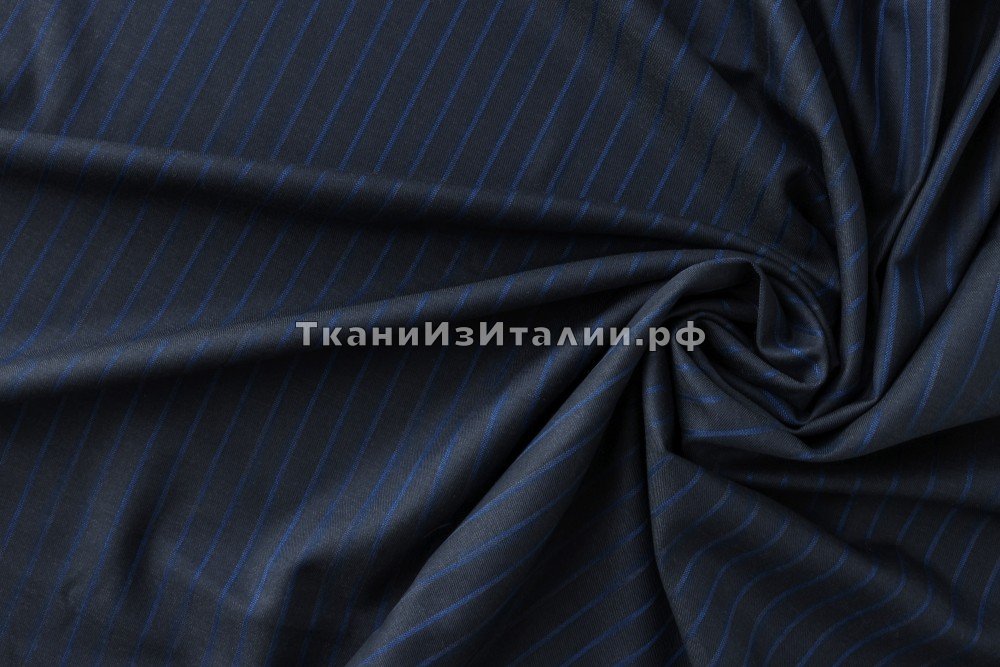 ткань темно-синяя шерсть в ярко-синюю полосу, костюмно-плательная шерсть в полоску синяя Италия