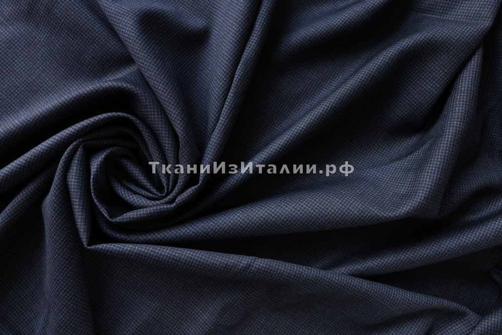 ткань черно-синяя шерсть в мелкую гусиную лапку, костюмно-плательная шерсть в клетку синяя Италия