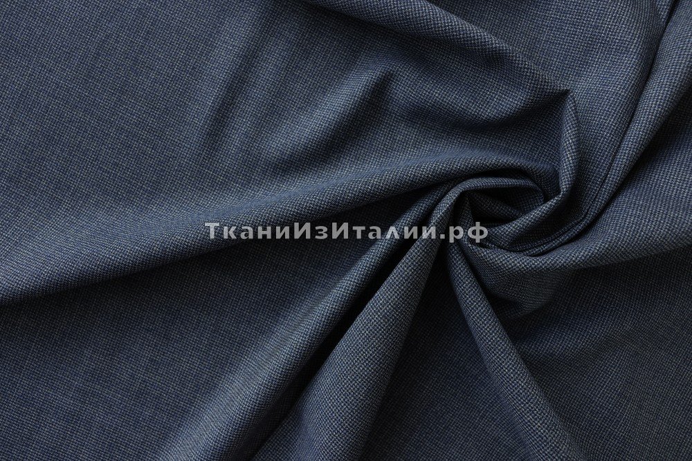 ткань синяя шерсть в мелкую гусиную лапку, костюмно-плательная шерсть в клетку синяя Италия