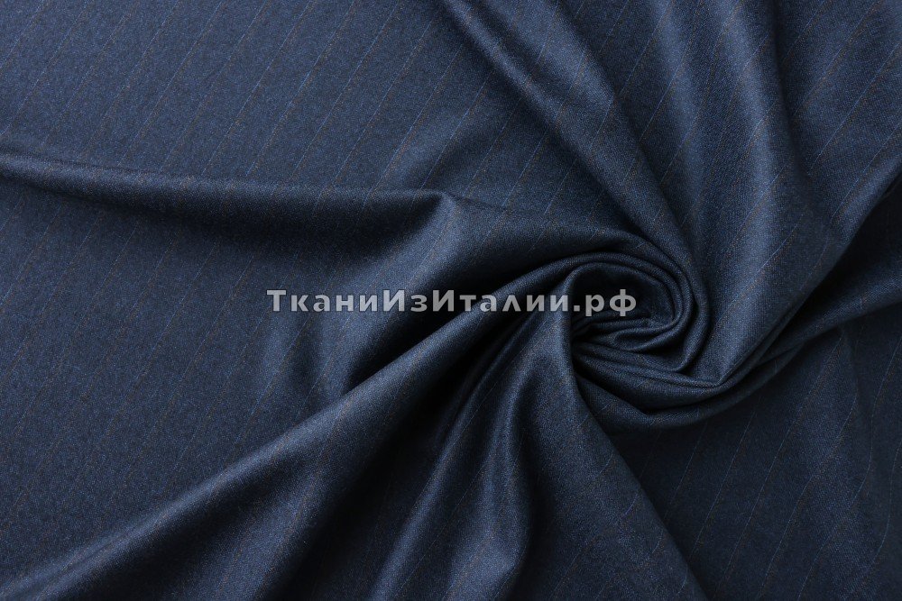 ткань синяя шерсть в широкую полоску с голубой и желтой нитью, костюмно-плательная шерсть в полоску синяя Италия