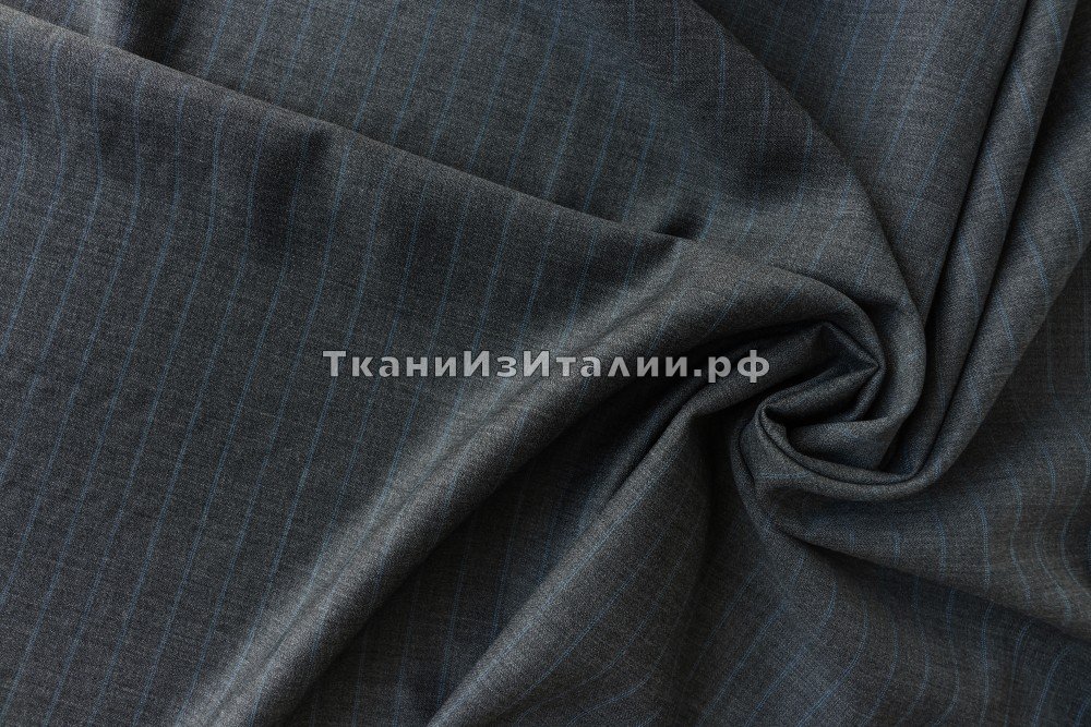 ткань серая костюмная шерстьв синюю полоску, костюмно-плательная шерсть в полоску серая Италия