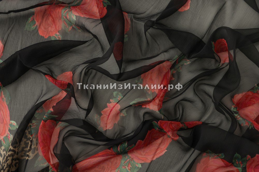 ткань черный шифон с розами, шифон шелк цветы черная Италия