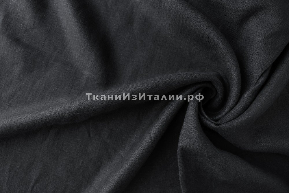 ткань черный лен , костюмно-плательная лен однотонная черная Италия