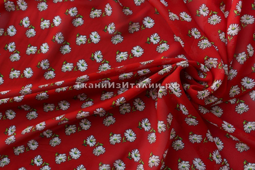 ткань креп-шифон красного цвета с белыми цветами, Италия