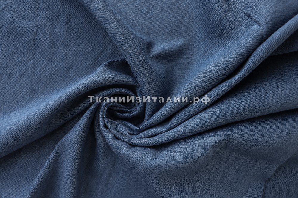 ткань джинсовка из хлопка и льна пыльно-василькового цвета, джинсовая ткань хлопок однотонная синяя Италия