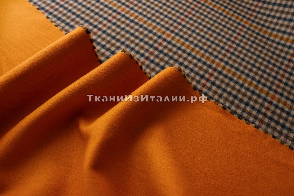 ткань двухслойная двусторонняя пальтовая шерсть клетка и оранжевый цвет, пальтовые шерсть в клетку оранжевая Италия