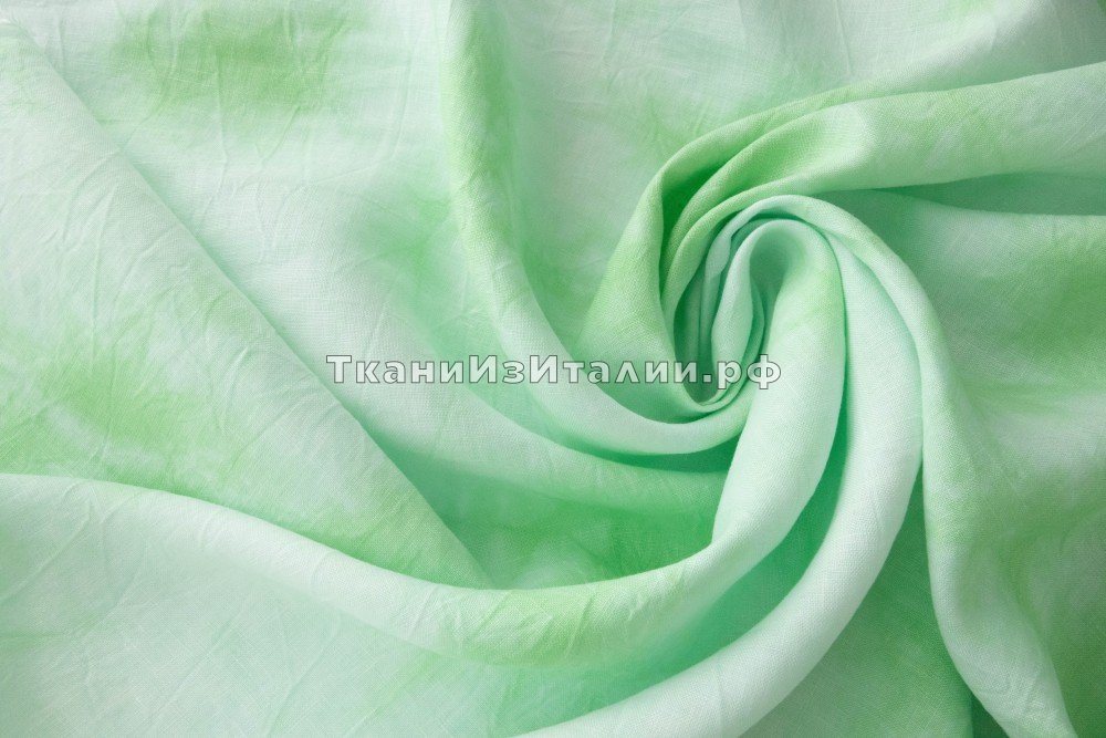 ткань белый лен с зеленым узором, костюмно-плательная лен иные белая Италия