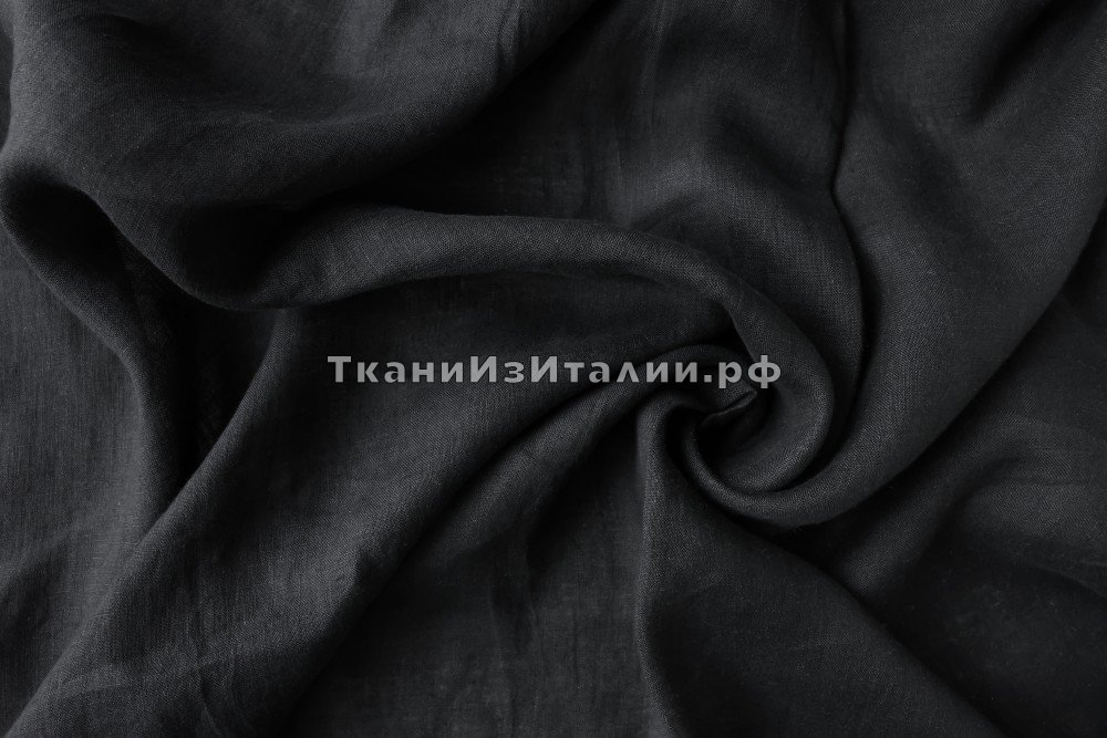 ткань мягкий черный лен , костюмно-плательная лен однотонная черная Италия