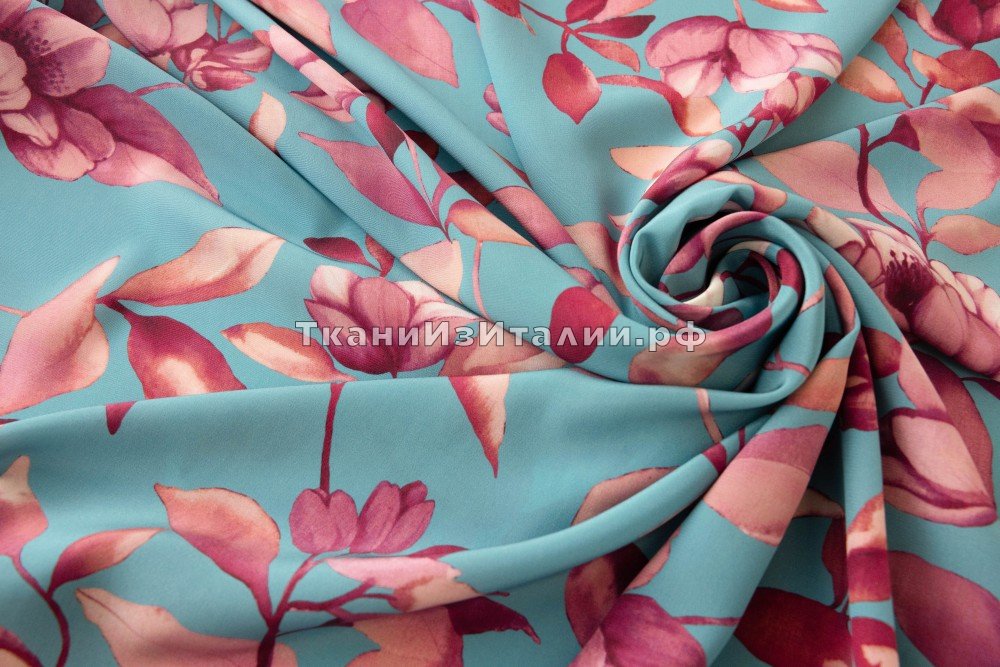 ткань  бирюзовый крепдешин с цветами, крепдешин шелк цветы голубая Италия