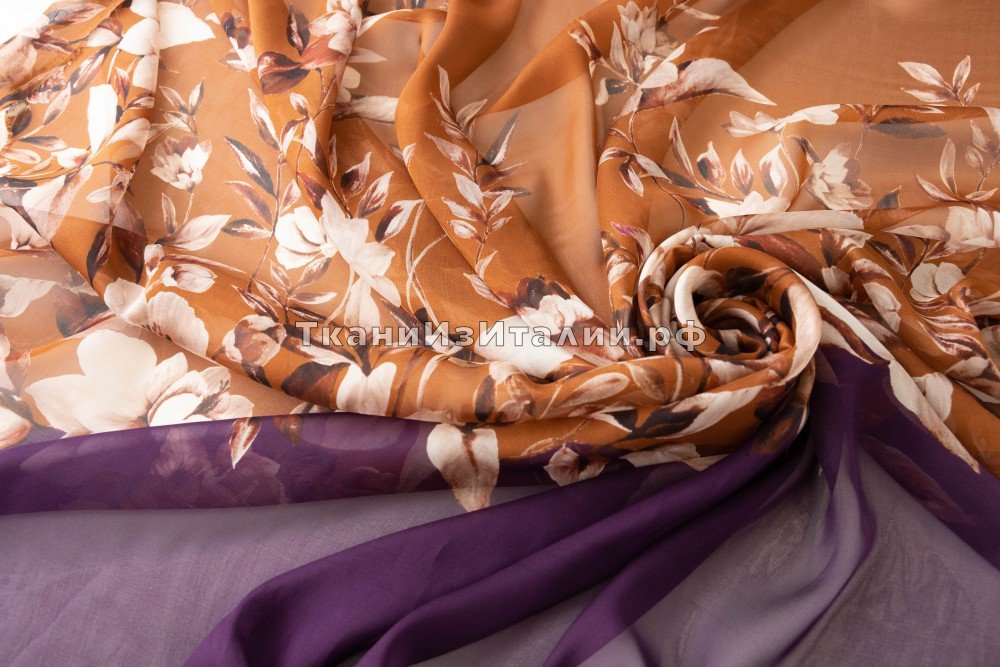 ткань коричневый шифон с цветами (купон), шифон шелк цветы коричневая Италия