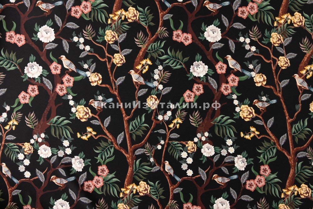 ткань черный сатин стрейч с эластаном с цветами и птицами, Италия