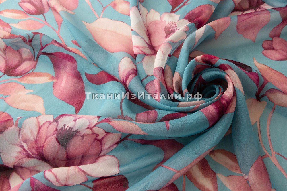 ткань бирюзовый шифон с цветами, шифон шелк цветы голубая Италия