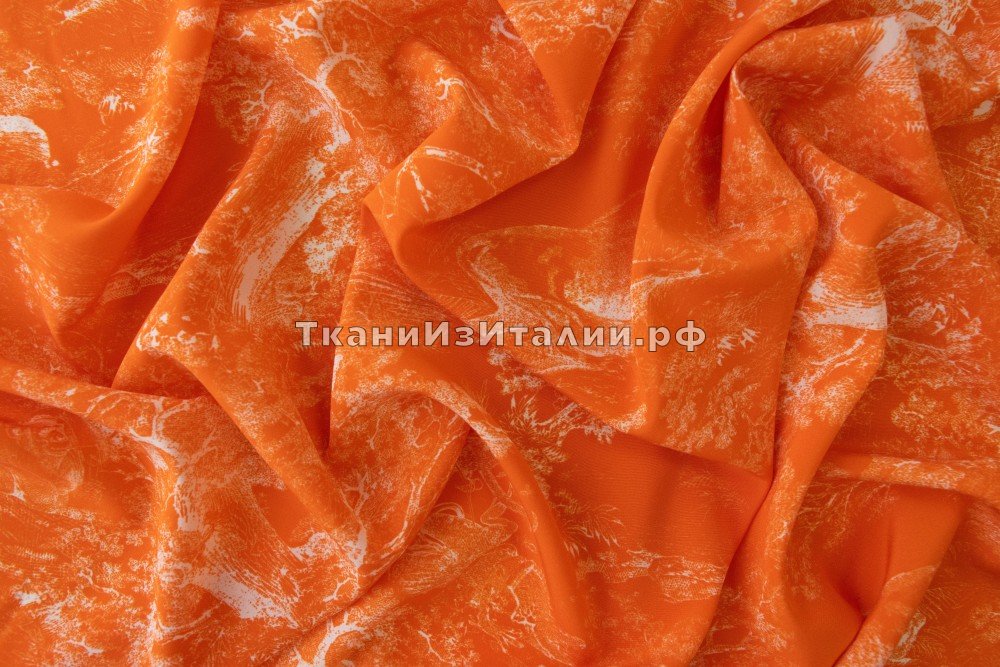 ткань оранжевый крепдешин с белым рисунком, крепдешин шелк иные оранжевая Италия