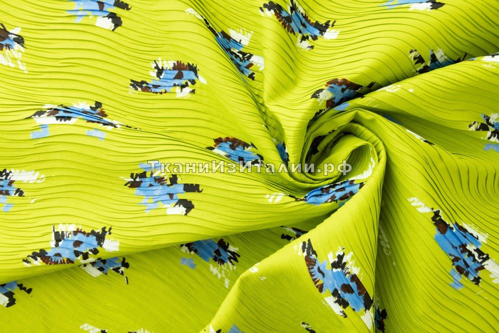 ткань ткань плиссе салатовый с синим, костюмно-плательная хлопок цветы зеленая Италия