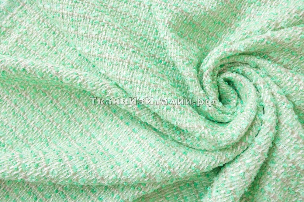 ткань ткань твид мятно-белый, твид шерсть однотонная зеленая Италия