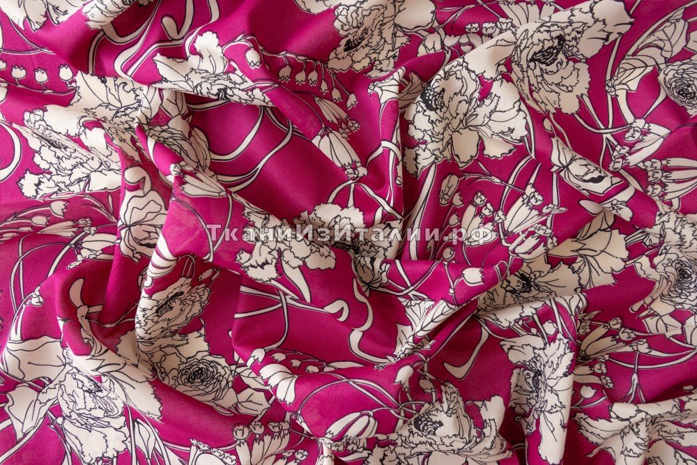 ткань ткань батист маджента с белыми цветами, батист хлопок цветы розовая Италия