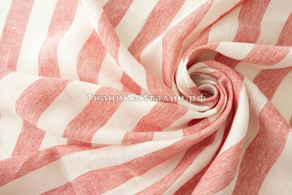 ткань белый лен в ягодную полоску, костюмно-плательная лен в полоску белая Италия