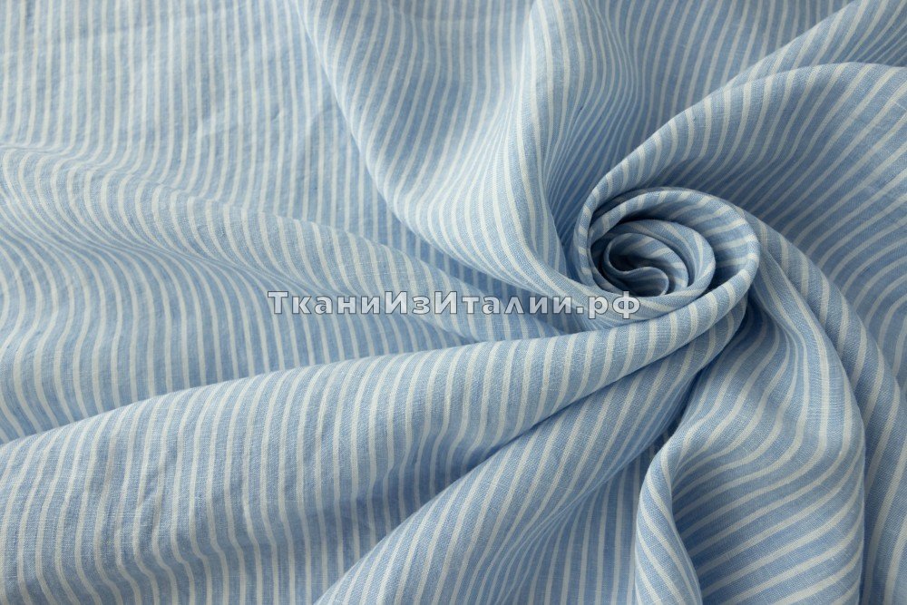 ткань лен в бело-голубую полоску, костюмно-плательная лен в полоску белая Италия