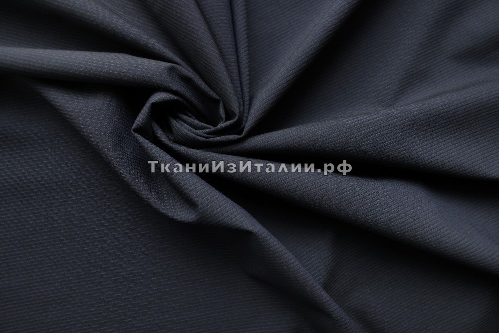 ткань черно-синяя шерсть в полоску, костюмно-плательная шерсть в полоску синяя Италия