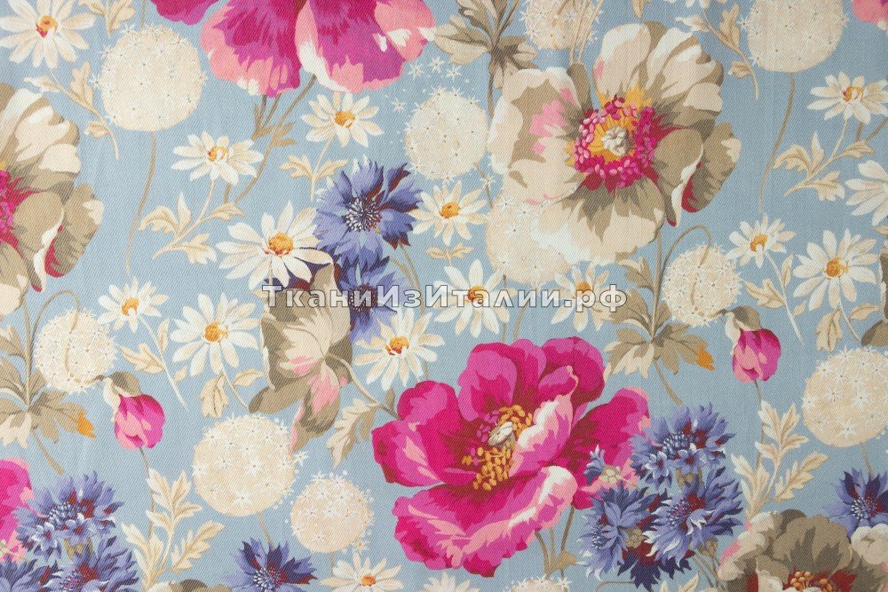 ткань голубой хлопок с цветами в рубчик, костюмно-плательная хлопок цветы голубая Италия