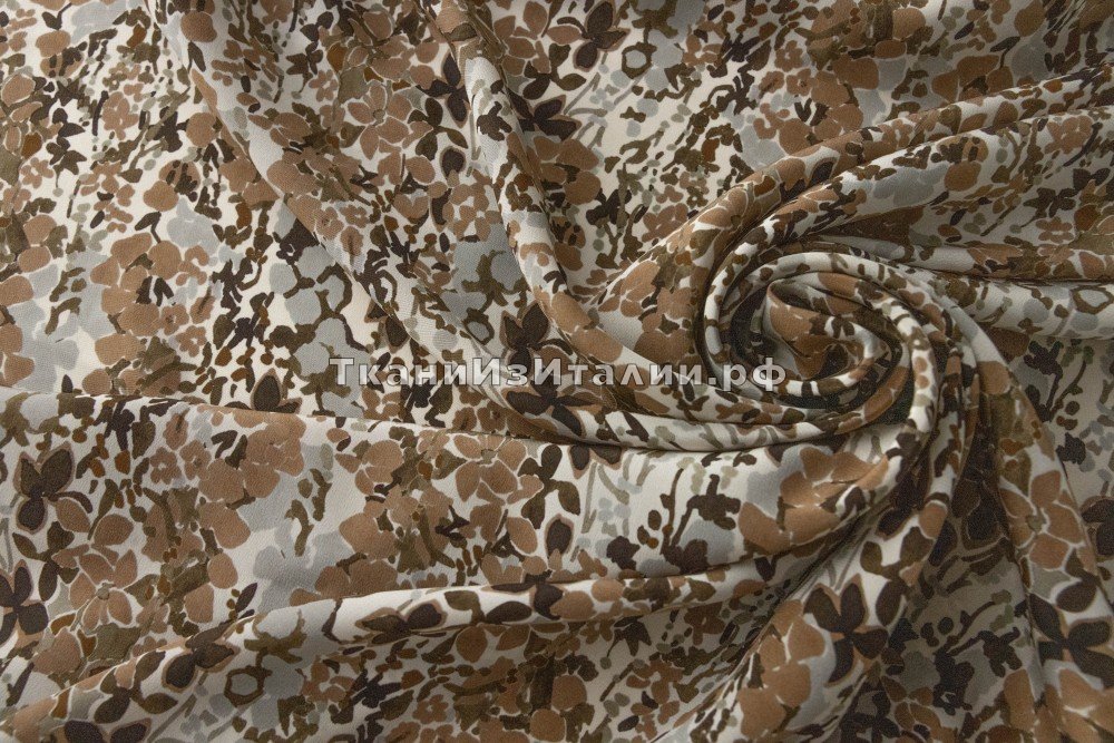 ткань молочный крепдешин с коричневыми цветами, крепдешин шелк цветы коричневая Италия