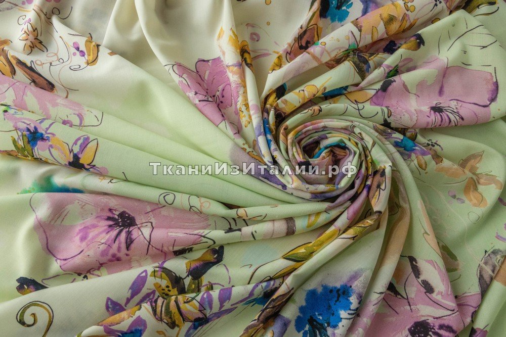 ткань тонкая шерсть градиент с яркими цветами, костюмно-плательная шерсть цветы разноцветная Италия