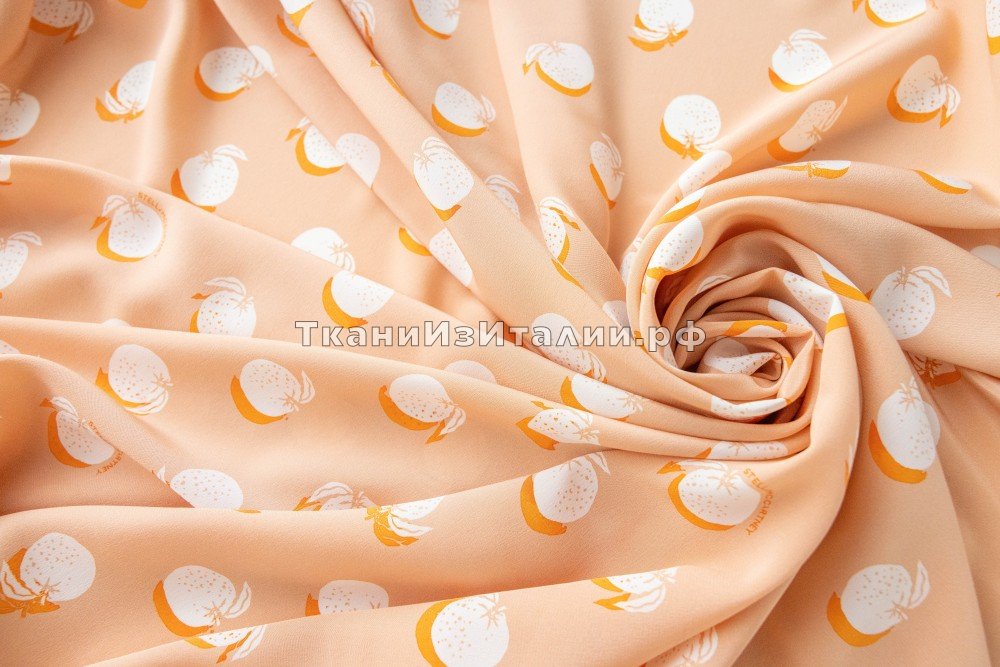 ткань персиковый крепдешин с апельсинами, крепдешин шелк иные персиковая Италия