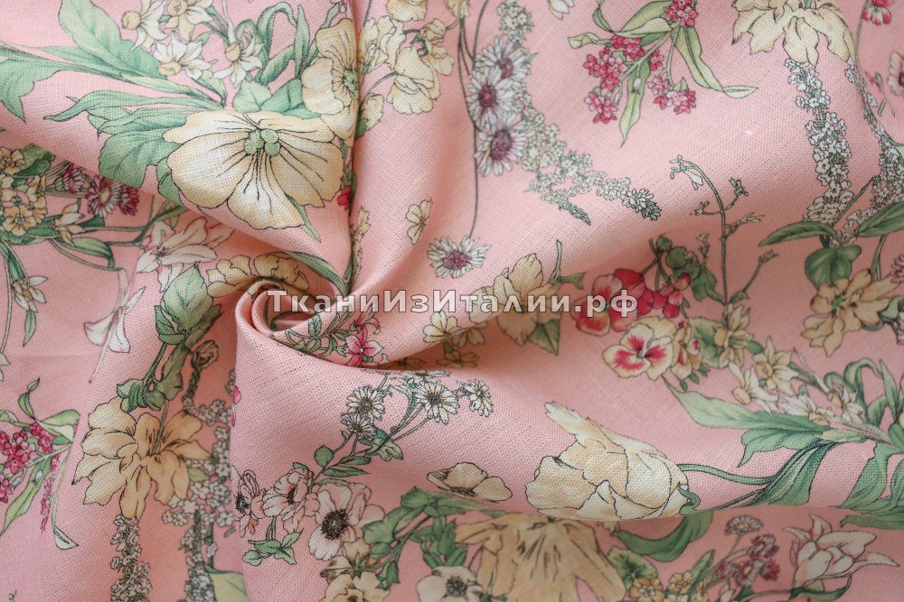 ткань лен розовый с цветами, костюмно-плательная лен цветы розовая Италия