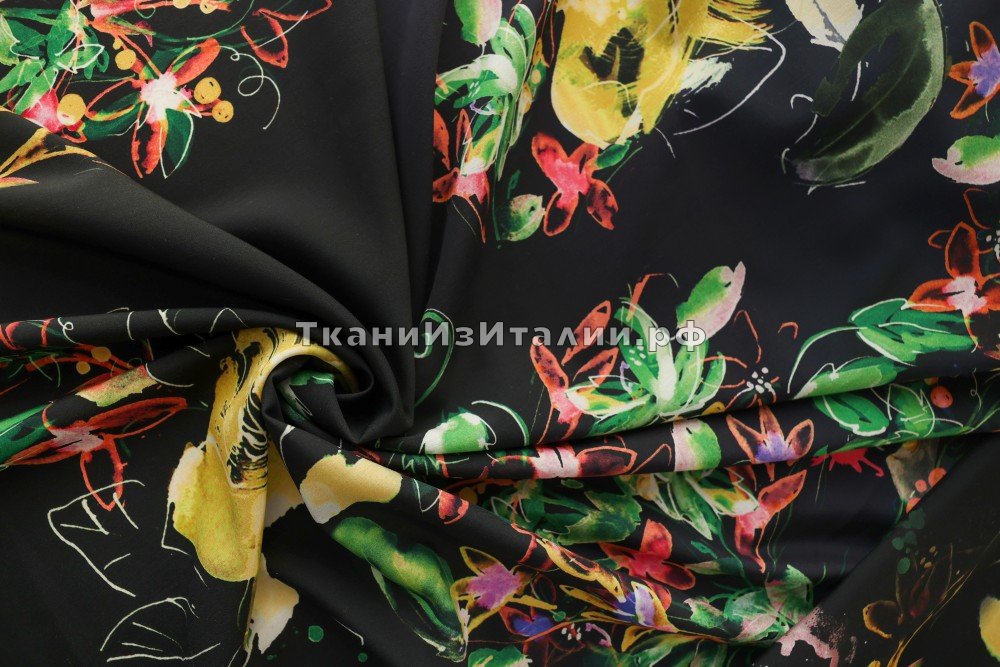 ткань черная шерсть с цветами, костюмно-плательная шерсть цветы черная Италия
