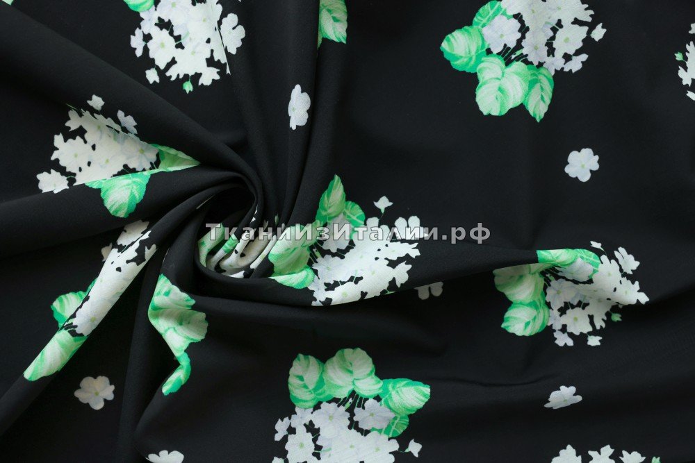 ткань тонкая черная шерсть с цветами, костюмно-плательная шерсть цветы черная Италия
