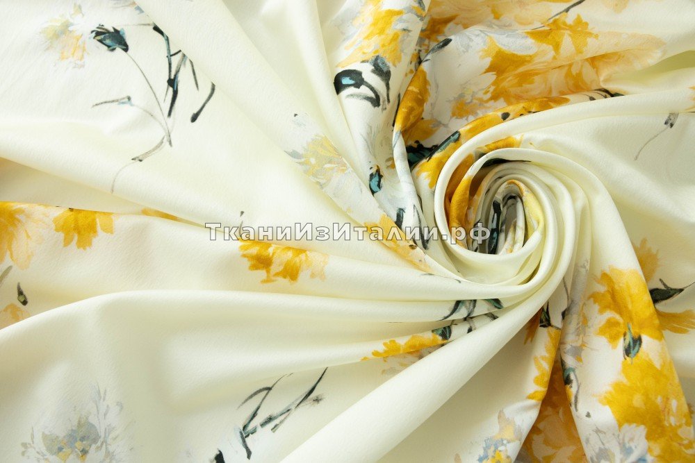 ткань желто-сливочный шелк с полиэстером с цветами, костюмно-плательная шелк цветы желтая Италия