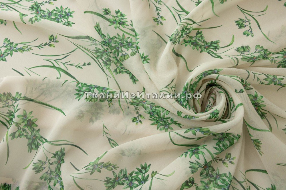 ткань креп шифон с зелеными цветами, крепшифон шелк цветы белая Италия