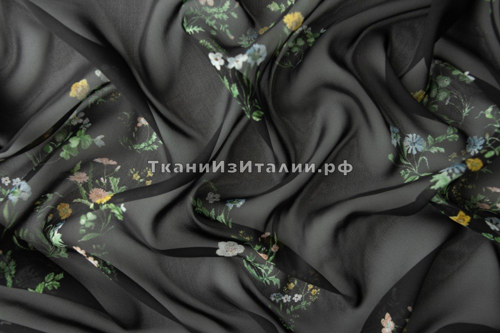 ткань черный шифон с мелкими цветочками, шифон шелк цветы черная Италия
