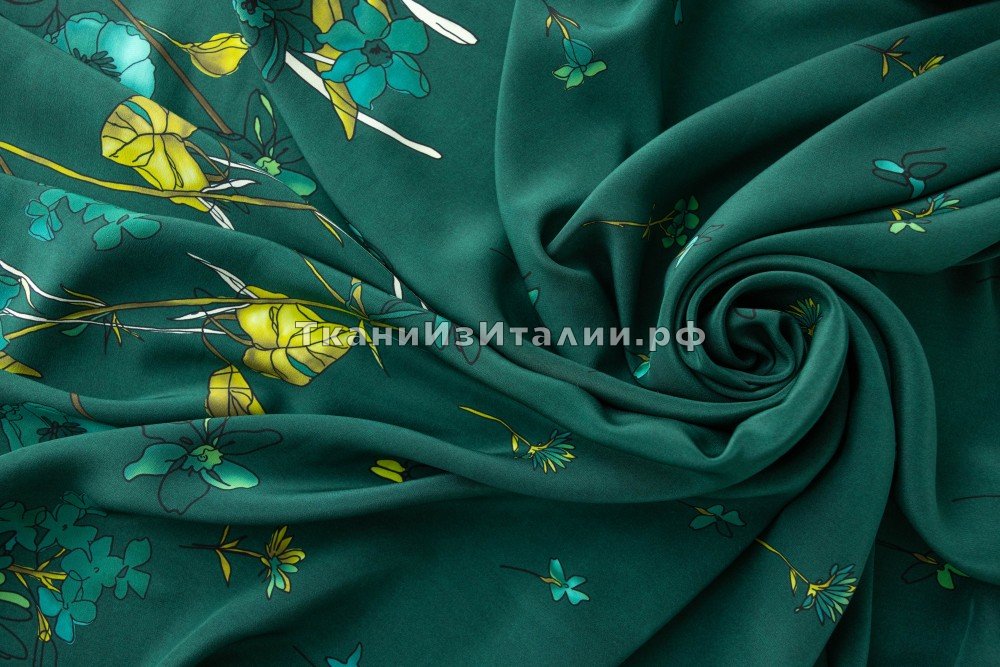 ткань крепдешин зеленого цвета, крепдешин шелк цветы зеленая Италия